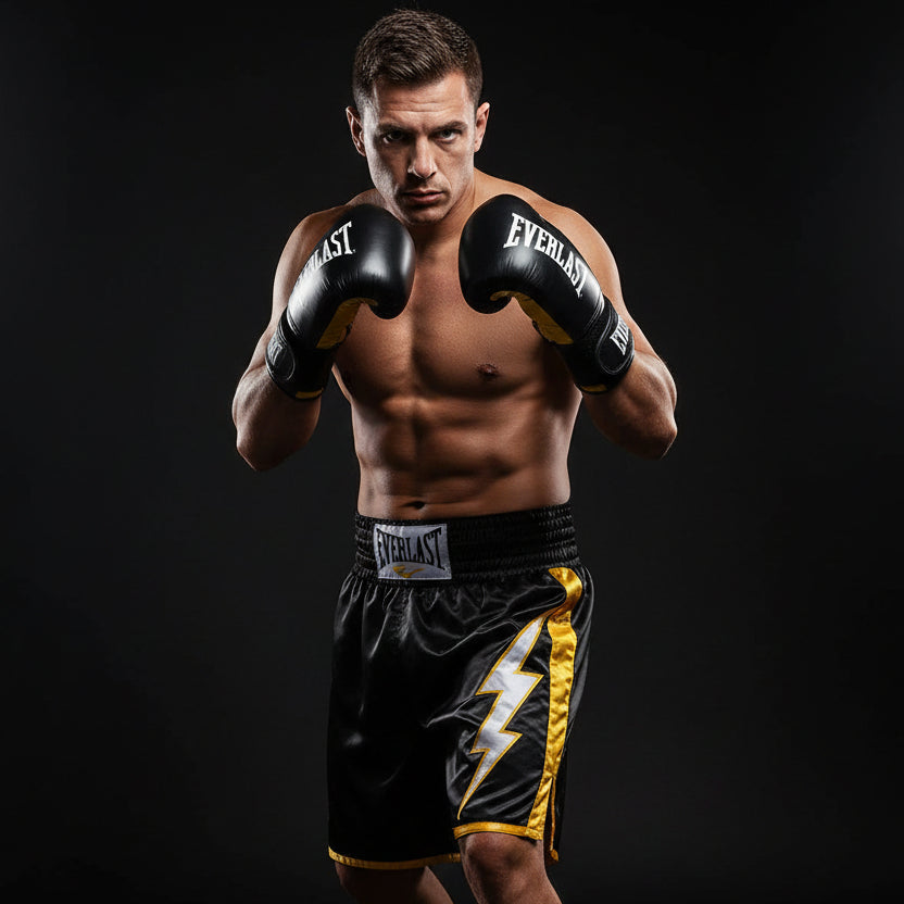 A pair of black Everlast Elite Pro Style Training Gloves with yellow accents, designed for boxing and martial arts training.