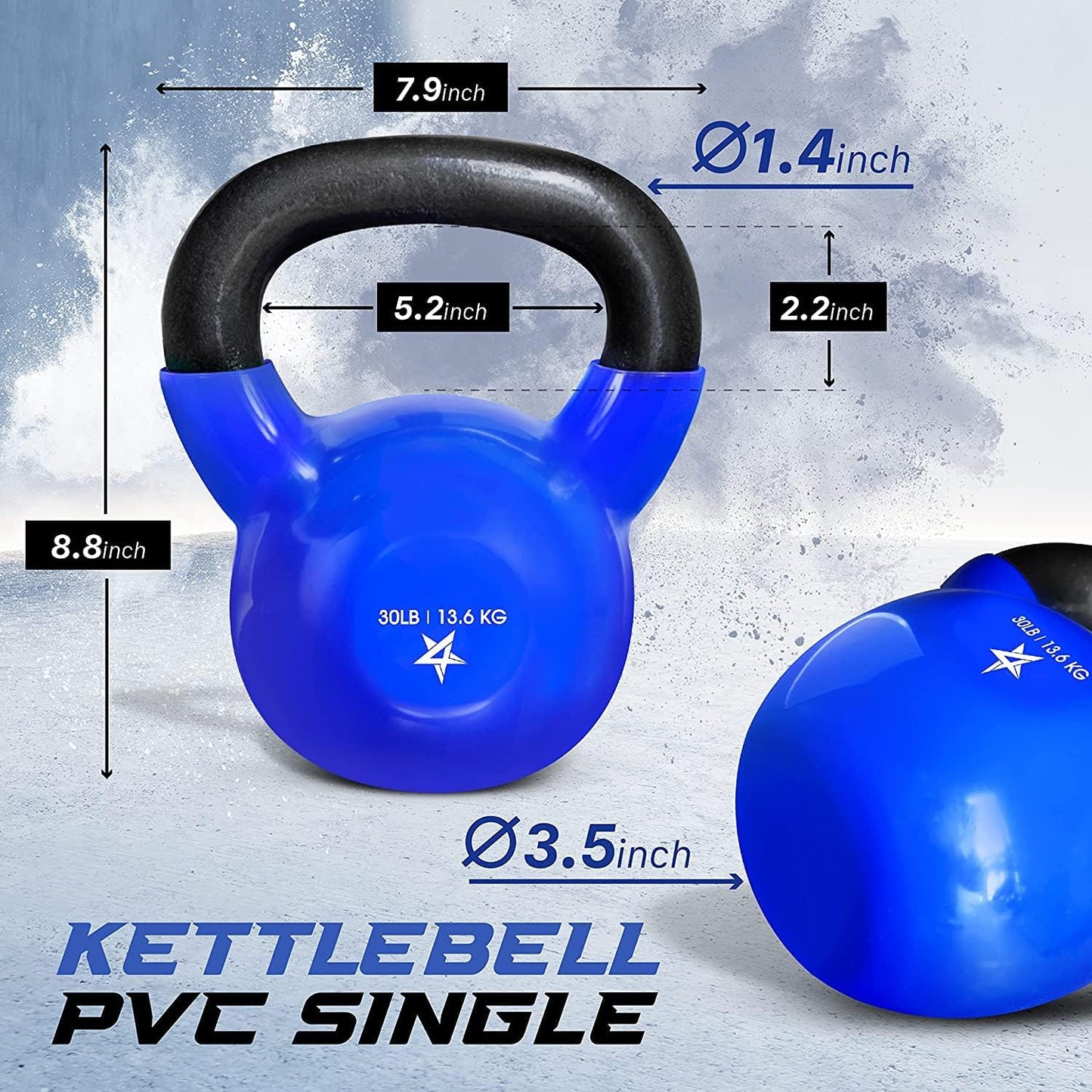 Blue Vinyl Coated Kettlebell Weights, 5, 10, 15, 20, 25, 30, 35, 40, 45 Lb - Strength Training Kettlebells