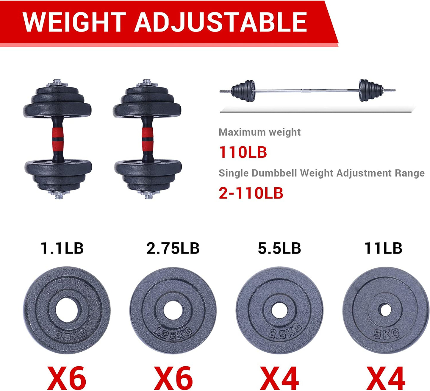 Nice C Barbell Weight Set, Dumbbell Set, Weights Adjustable 22/33/44/66/105 Lbs Home Gym 2 in 1, Anti-Slip Handle, All-Purpose, Office, Fitness
