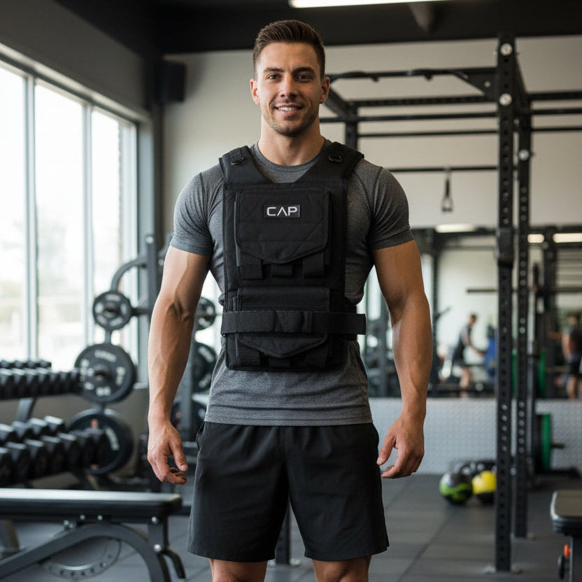 Optimize your workout with the CAP Barbell 50 Lb Adjustable Weighted Vest. Secure fit, adjustable weight, and reflective design for safety and comfort!