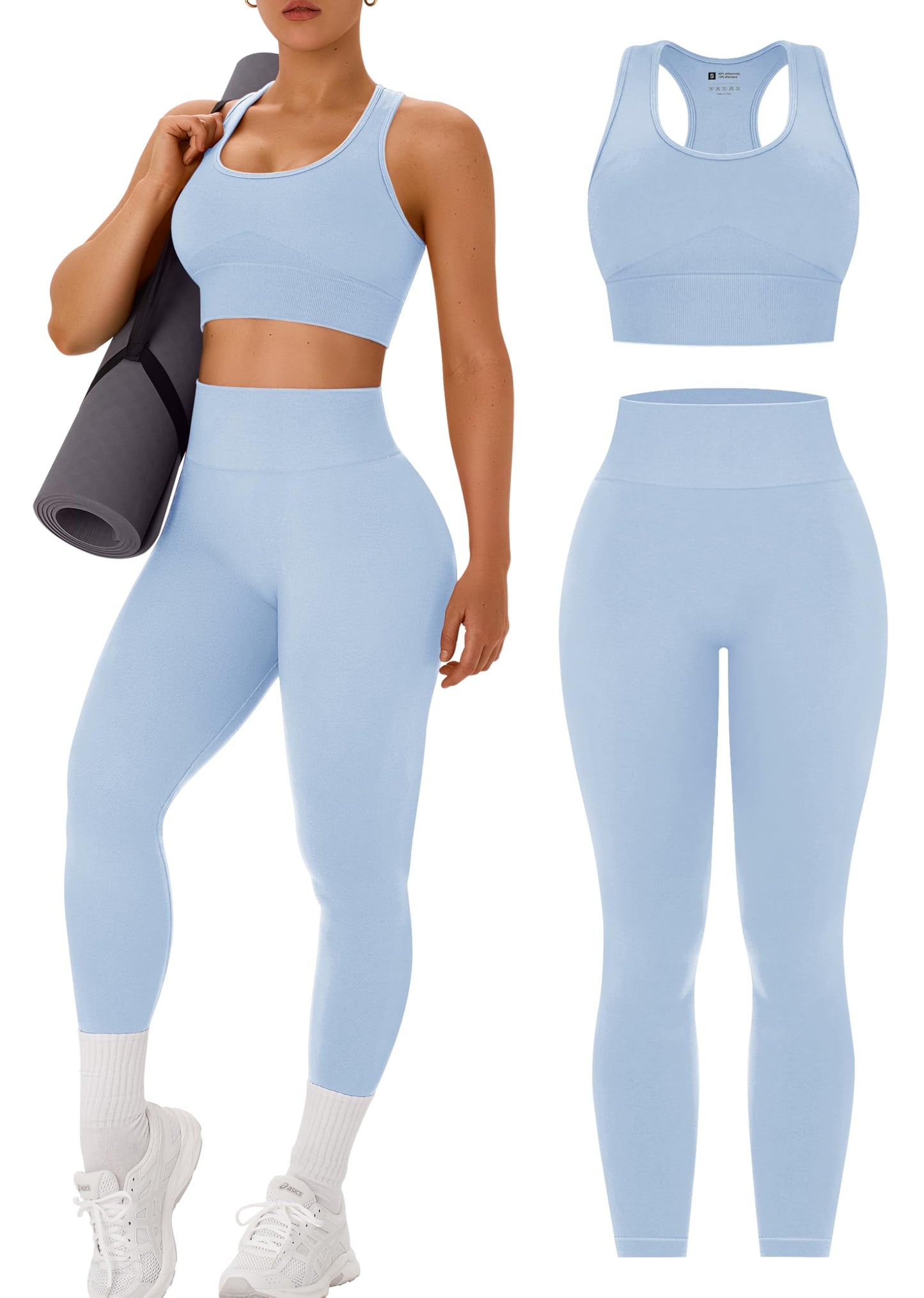 OLCHEE Womens Workout Sets 2 Piece - Acid Wash Seamless Yoga Outfits High Waist Leggings Padded Racerback Sports Bra Gym Set