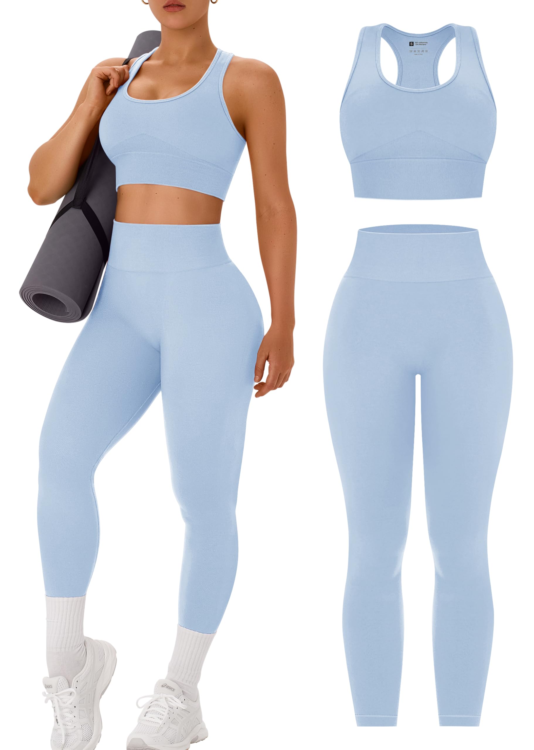 OLCHEE Womens Workout Sets 2 Piece - Acid Wash Seamless Yoga Outfits High Waist Leggings Padded Racerback Sports Bra Gym Set
