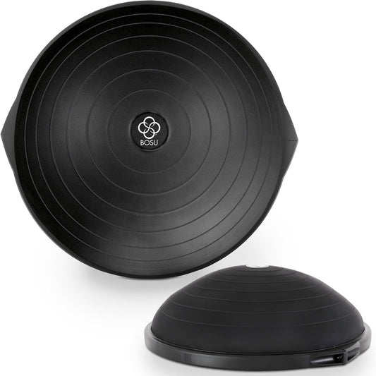 Black/Black BOSU Pro Balance Trainer is a versatile 26-inch balance ball for cardio, strength, and rehab, with unstable surfaces that engage the core and support up to 350 lbs.
