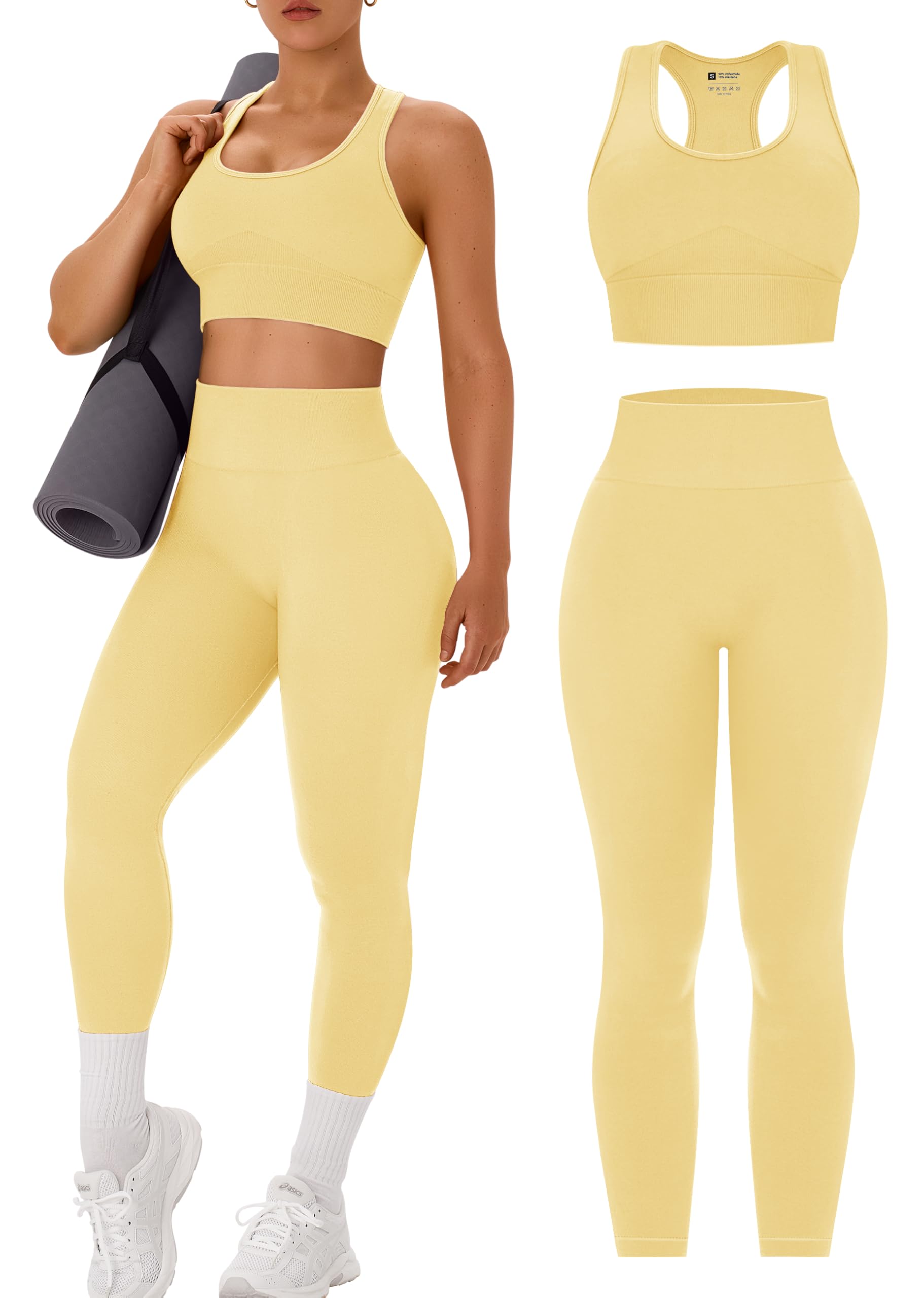 OLCHEE Womens Workout Sets 2 Piece - Acid Wash Seamless Yoga Outfits High Waist Leggings Padded Racerback Sports Bra Gym Set