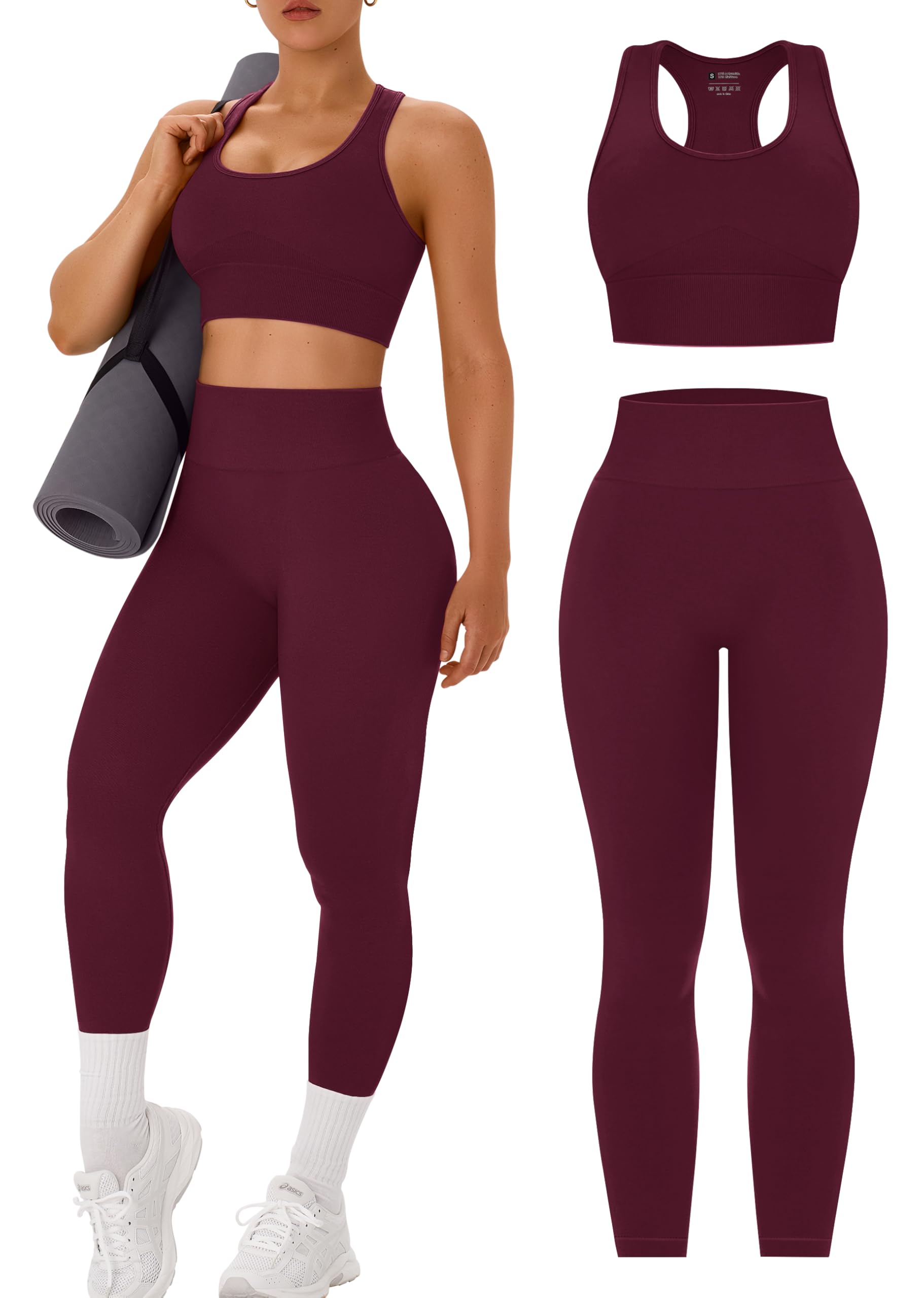 OLCHEE Womens Workout Sets 2 Piece - Acid Wash Seamless Yoga Outfits High Waist Leggings Padded Racerback Sports Bra Gym Set