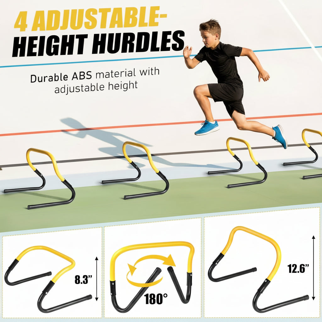 Enhance speed, agility, and coordination with BORNEW's Agility Speed Training Set featuring a 20ft ladder, 12 cones, 4 adjustable hurdles, and jump rope.