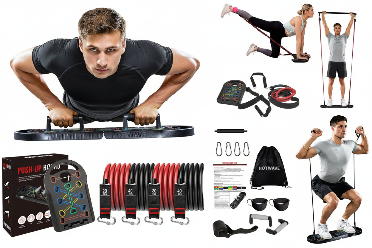 All-in-one fitness system with foldable push-up board, 3-section bar, 4 resistance bands, 2 ankle straps, and door anchor. Enables 30+ exercise variations.