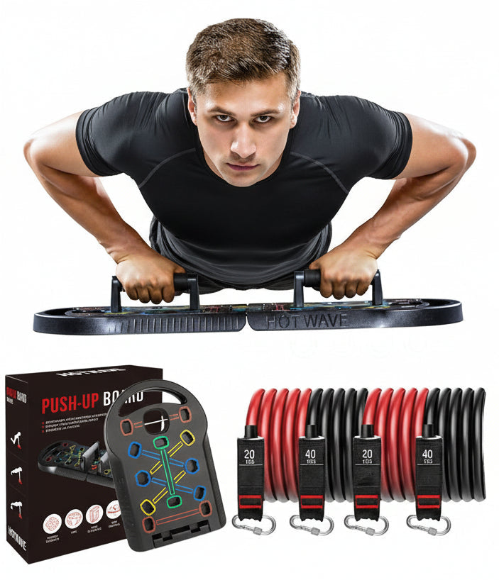 All-in-one fitness system with foldable push-up board, 3-section bar, 4 resistance bands, 2 ankle straps, and door anchor. Enables 30+ exercise variations.
