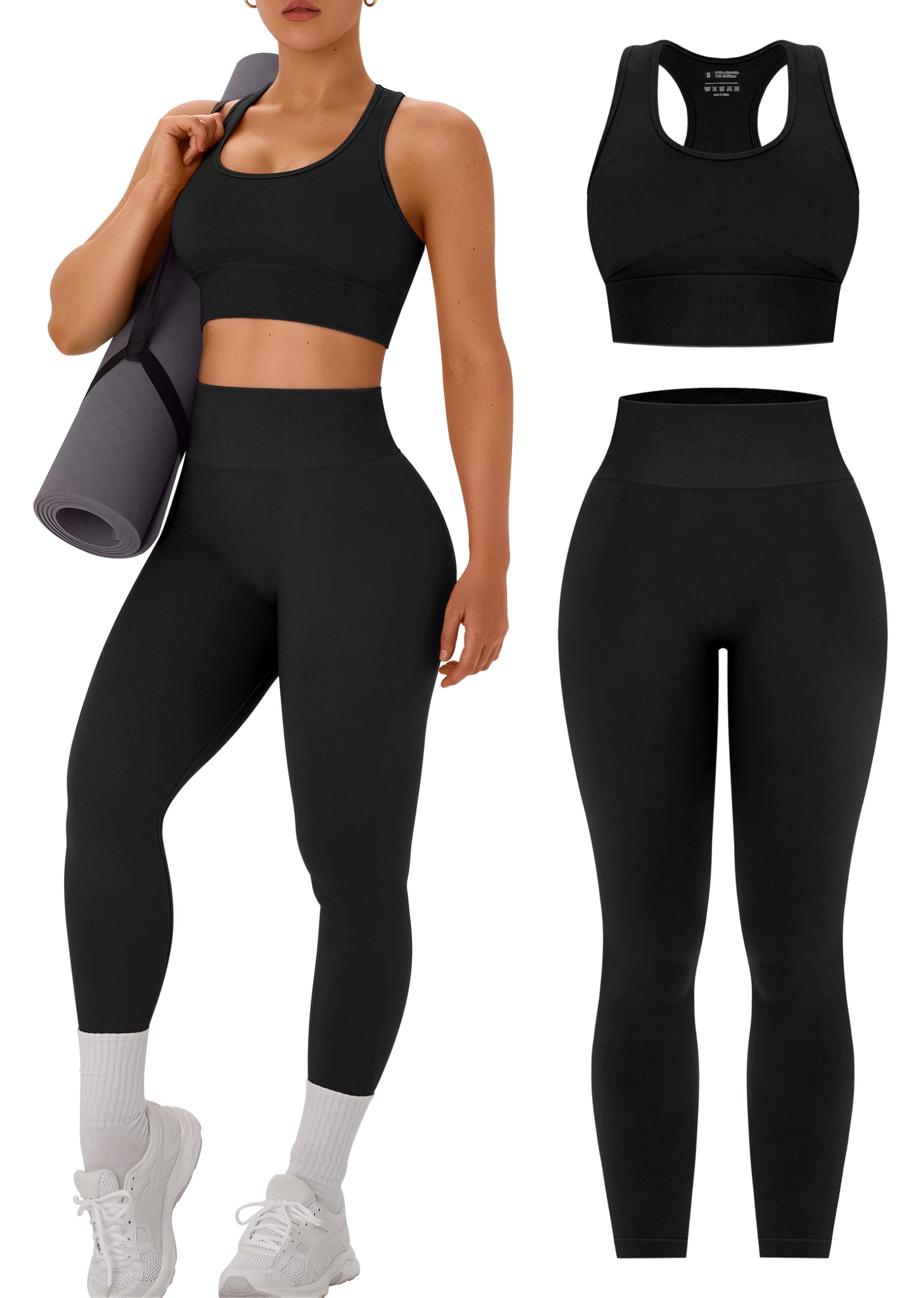 OLCHEE Womens Workout Sets 2 Piece - Acid Wash Seamless Yoga Outfits High Waist Leggings Padded Racerback Sports Bra Gym Set