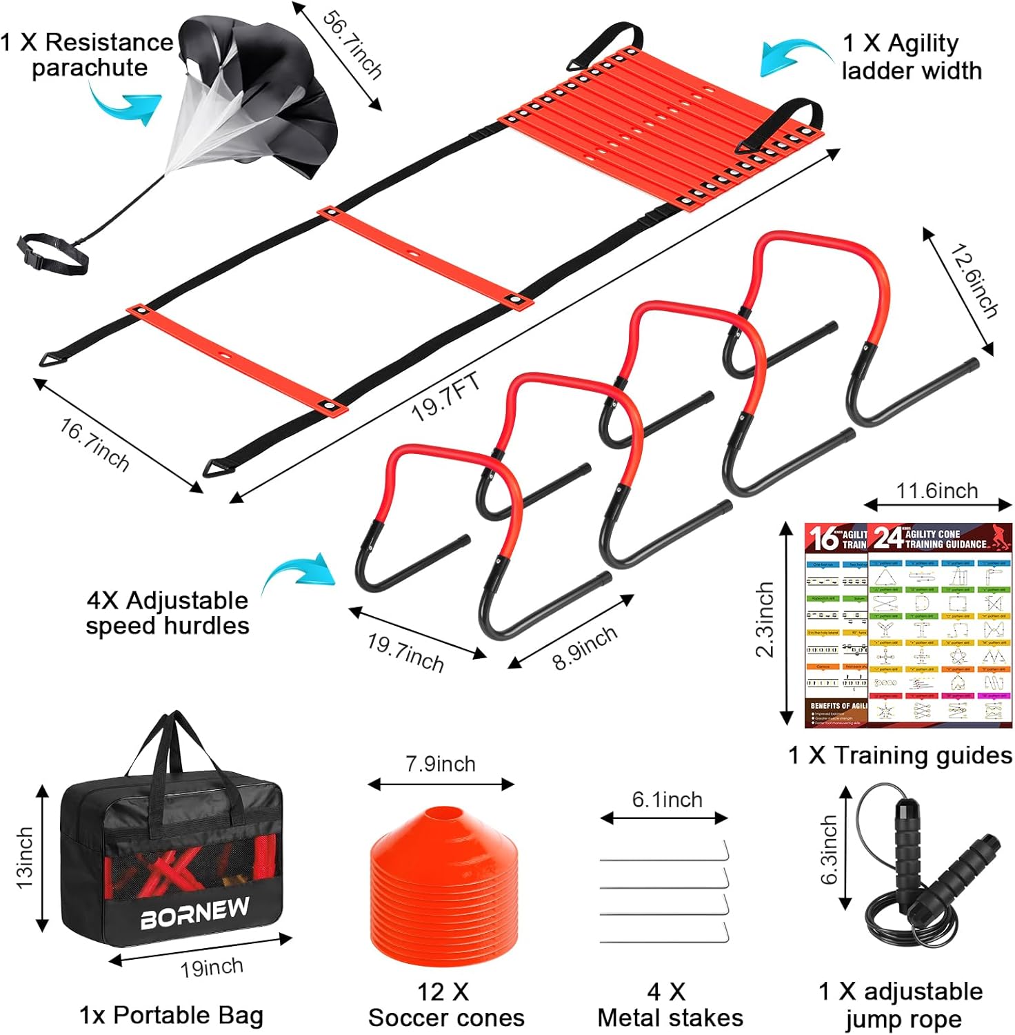 Enhance speed, agility, and coordination with BORNEW's Agility Speed Training Set featuring a 20ft ladder, 12 cones, 4 adjustable hurdles, and jump rope.