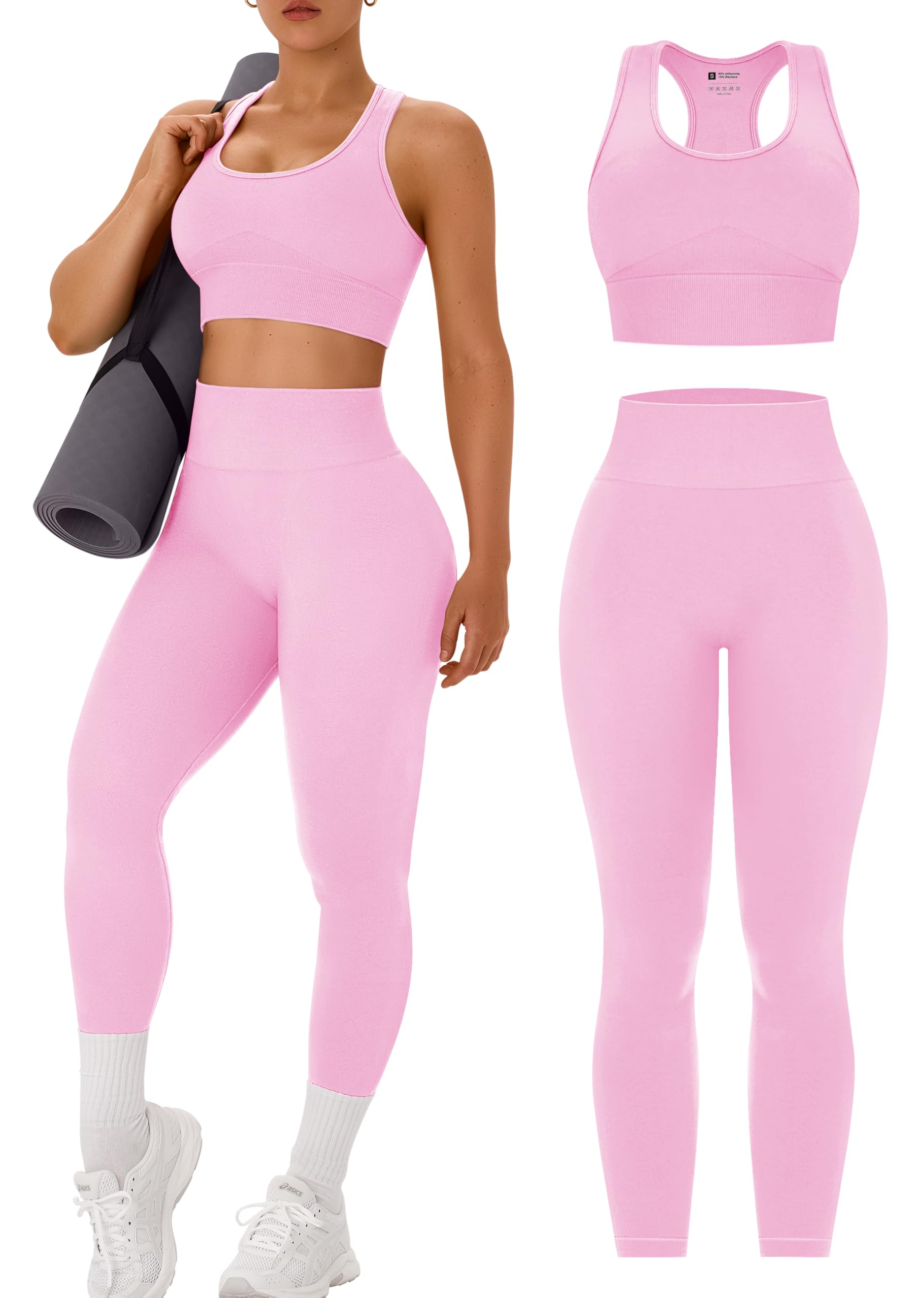 OLCHEE Womens Workout Sets 2 Piece - Acid Wash Seamless Yoga Outfits High Waist Leggings Padded Racerback Sports Bra Gym Set