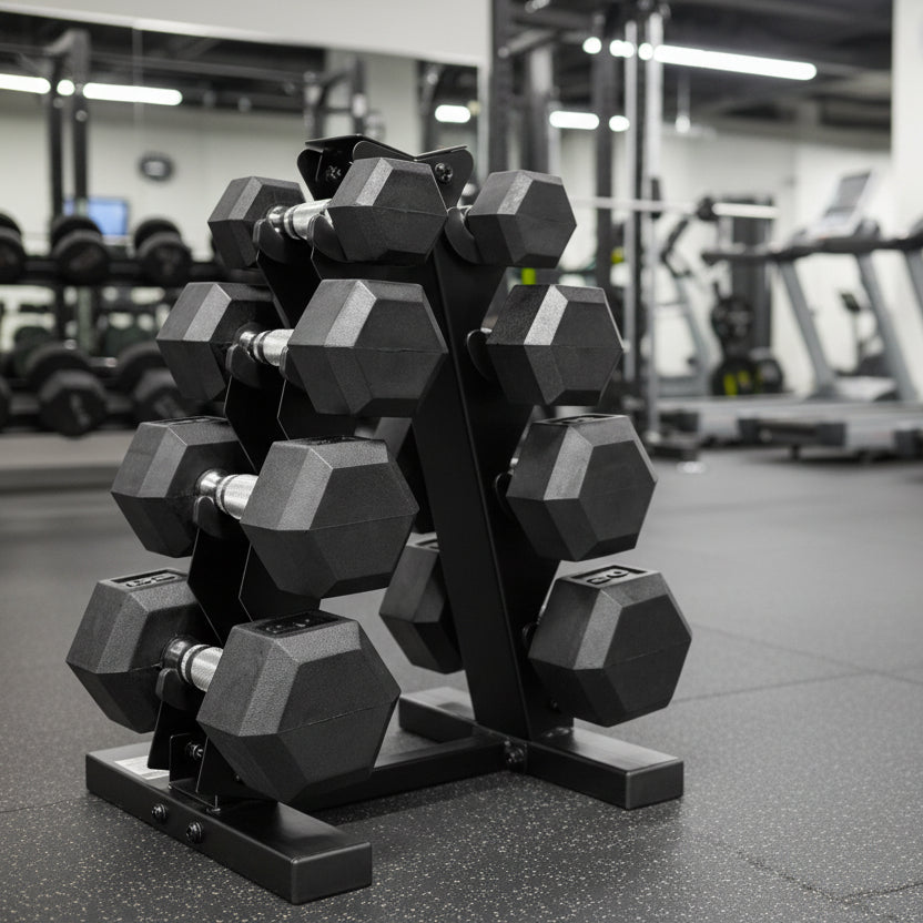 CAP Barbell Rubber Coated Dumbbell Weight Set with Vertical Rack | 100 lb, 150 lb, and 210 lb Options