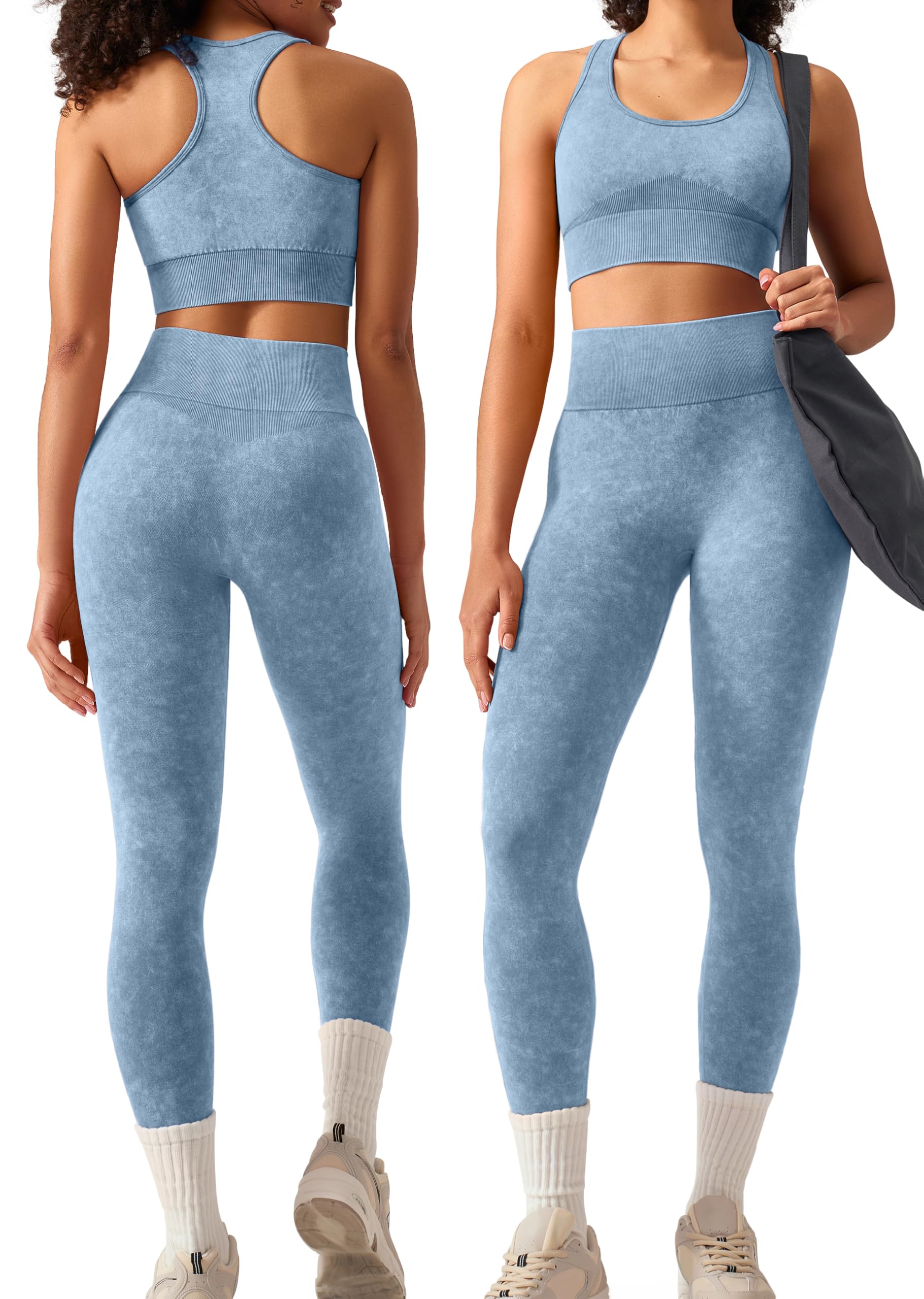 OLCHEE Womens Workout Sets 2 Piece - Acid Wash Seamless Yoga Outfits High Waist Leggings Padded Racerback Sports Bra Gym Set
