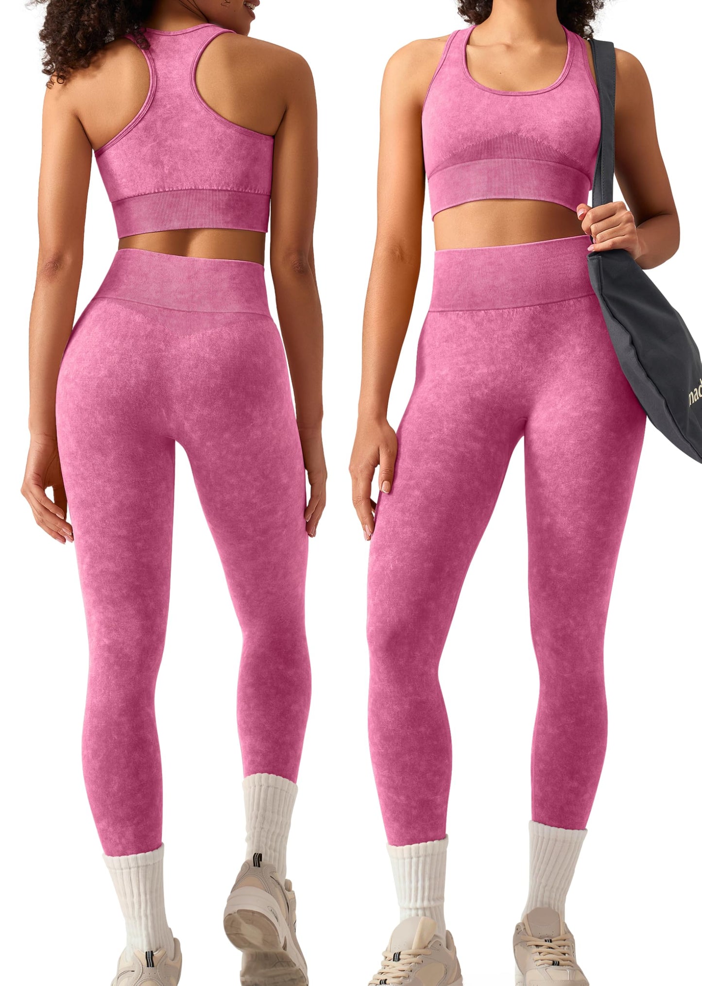 OLCHEE Womens Workout Sets 2 Piece - Acid Wash Seamless Yoga Outfits High Waist Leggings Padded Racerback Sports Bra Gym Set