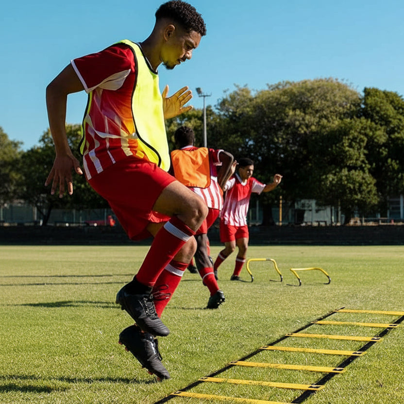 Enhance speed, agility, and coordination with BORNEW's Agility Speed Training Set featuring a 20ft ladder, 12 cones, 4 adjustable hurdles, and jump rope.