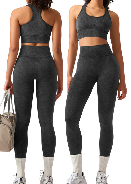 OLCHEE Womens Workout Sets 2 Piece - Acid Wash Seamless Yoga Outfits High Waist Leggings Padded Racerback Sports Bra Gym Set