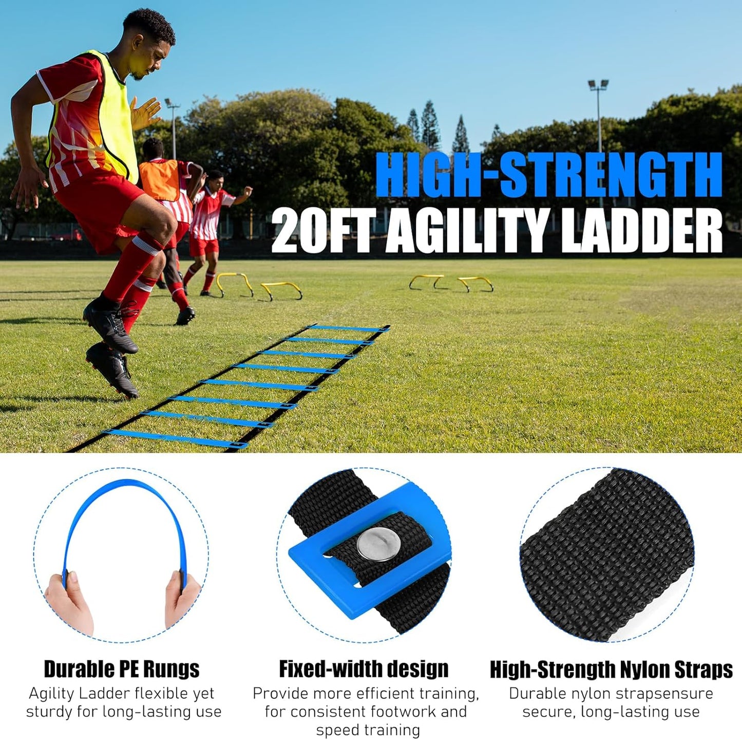 Enhance speed, agility, and coordination with BORNEW's Agility Speed Training Set featuring a 20ft ladder, 12 cones, 4 adjustable hurdles, and jump rope.