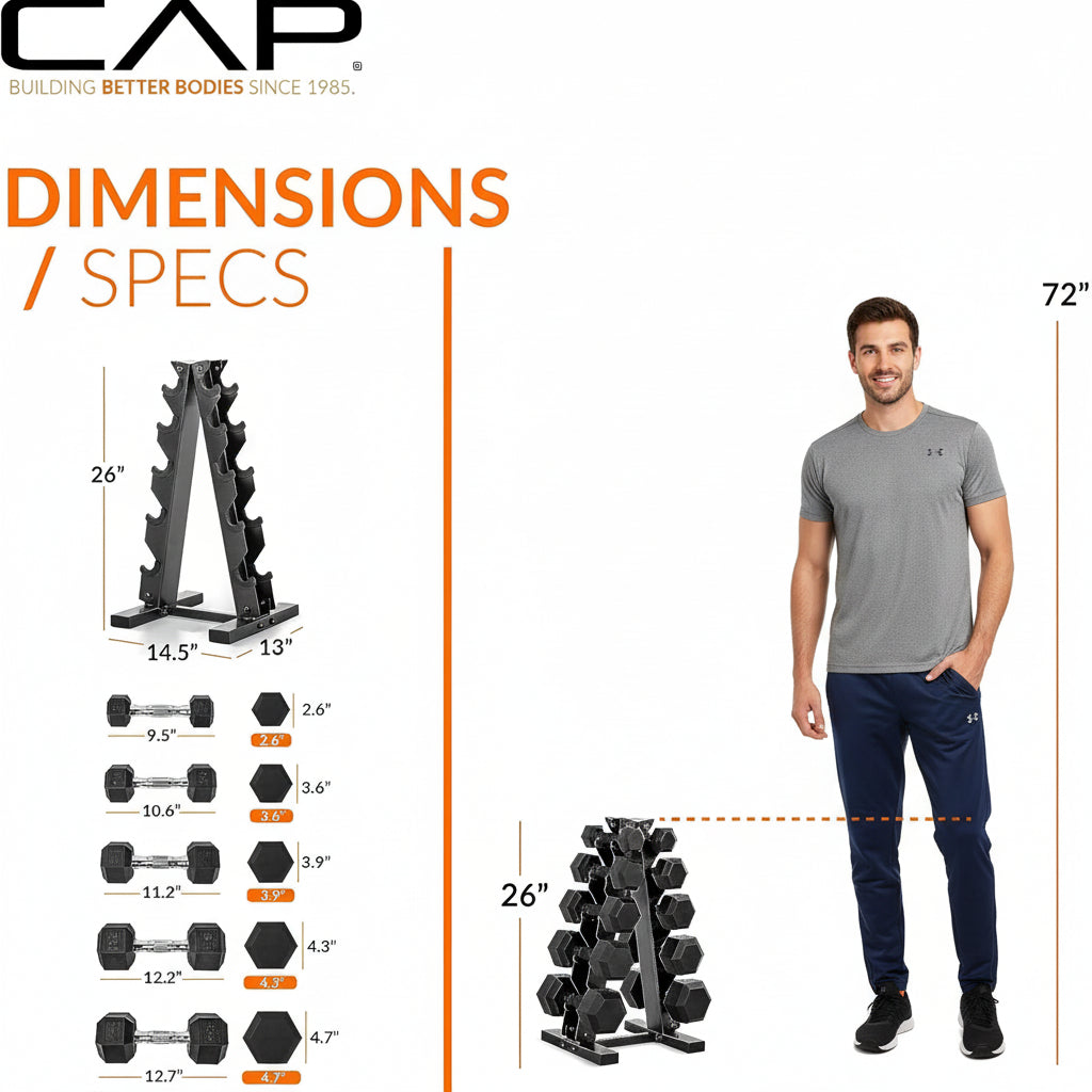 CAP Barbell Rubber Coated Dumbbell Weight Set with Vertical Rack | 100 lb, 150 lb, and 210 lb Options