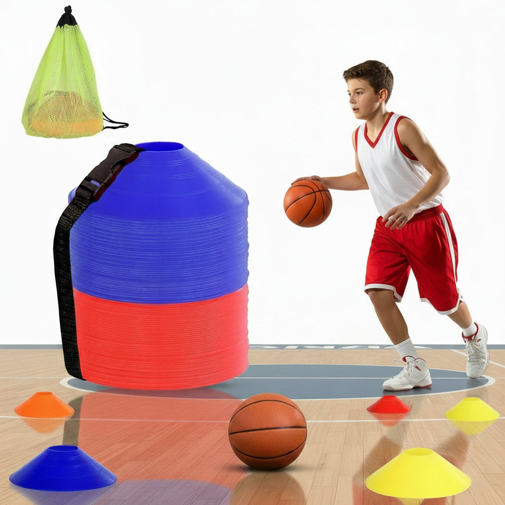 Athllete 50-pack durable, flexible soccer cones, highly visible for quick drills and multi-sport training; includes mesh bag for easy transport.