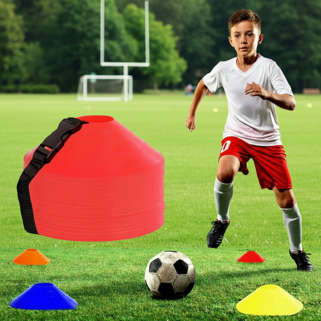 Athllete 50-pack durable, flexible soccer cones, highly visible for quick drills and multi-sport training; includes mesh bag for easy transport.