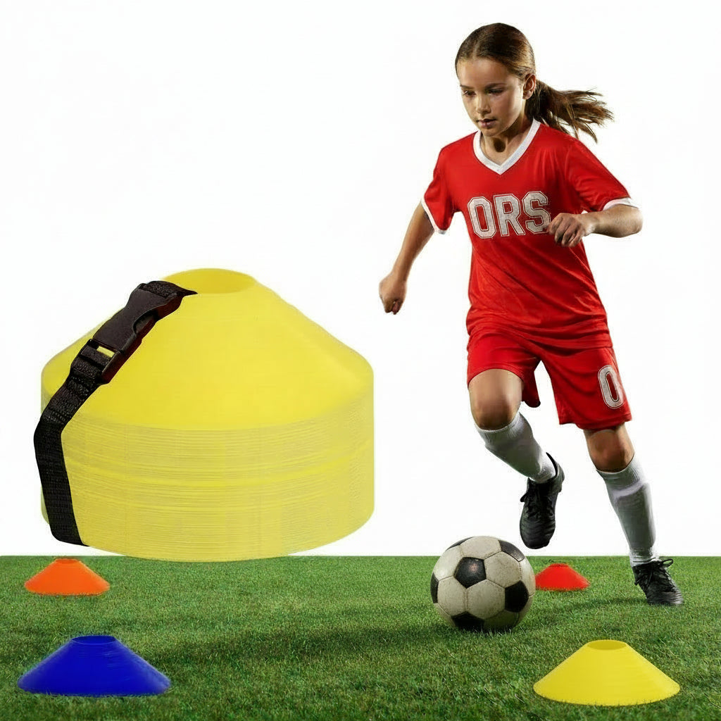 Athllete 50-pack durable, flexible soccer cones, highly visible for quick drills and multi-sport training; includes mesh bag for easy transport.