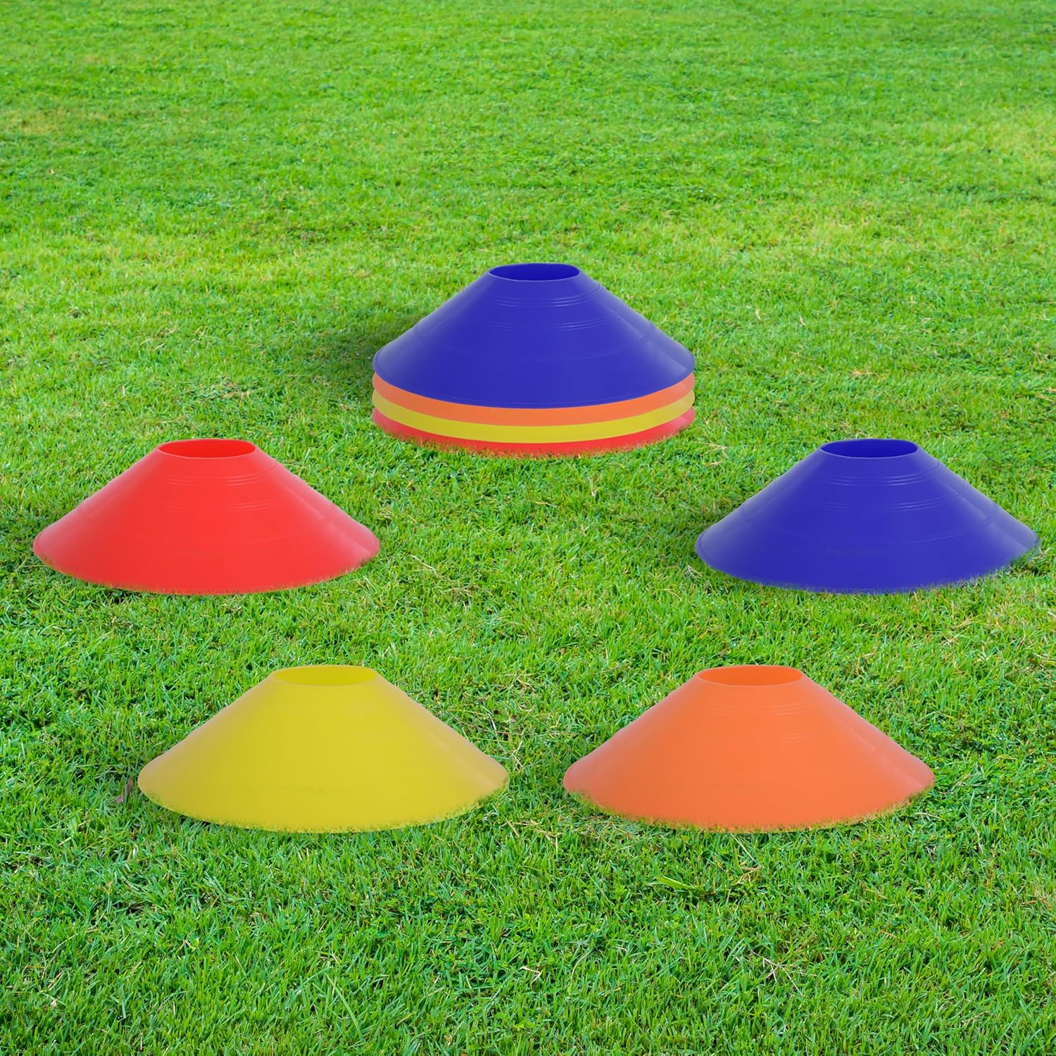 Athllete 50-pack durable, flexible soccer cones, highly visible for quick drills and multi-sport training; includes mesh bag for easy transport.