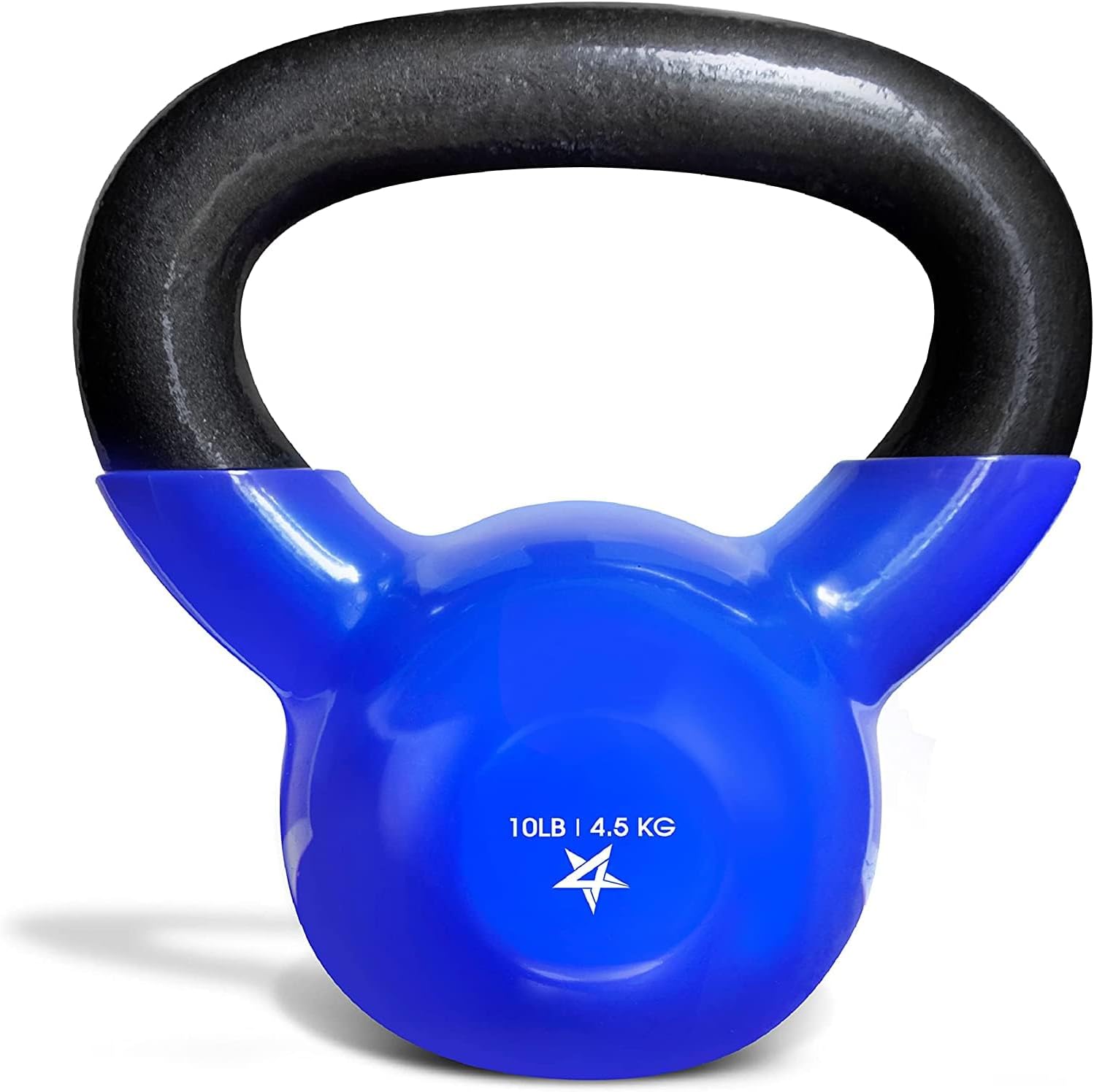A blue vinyl coated kettlebell with a black handle, labeled with weight '10LB 45KG'.
