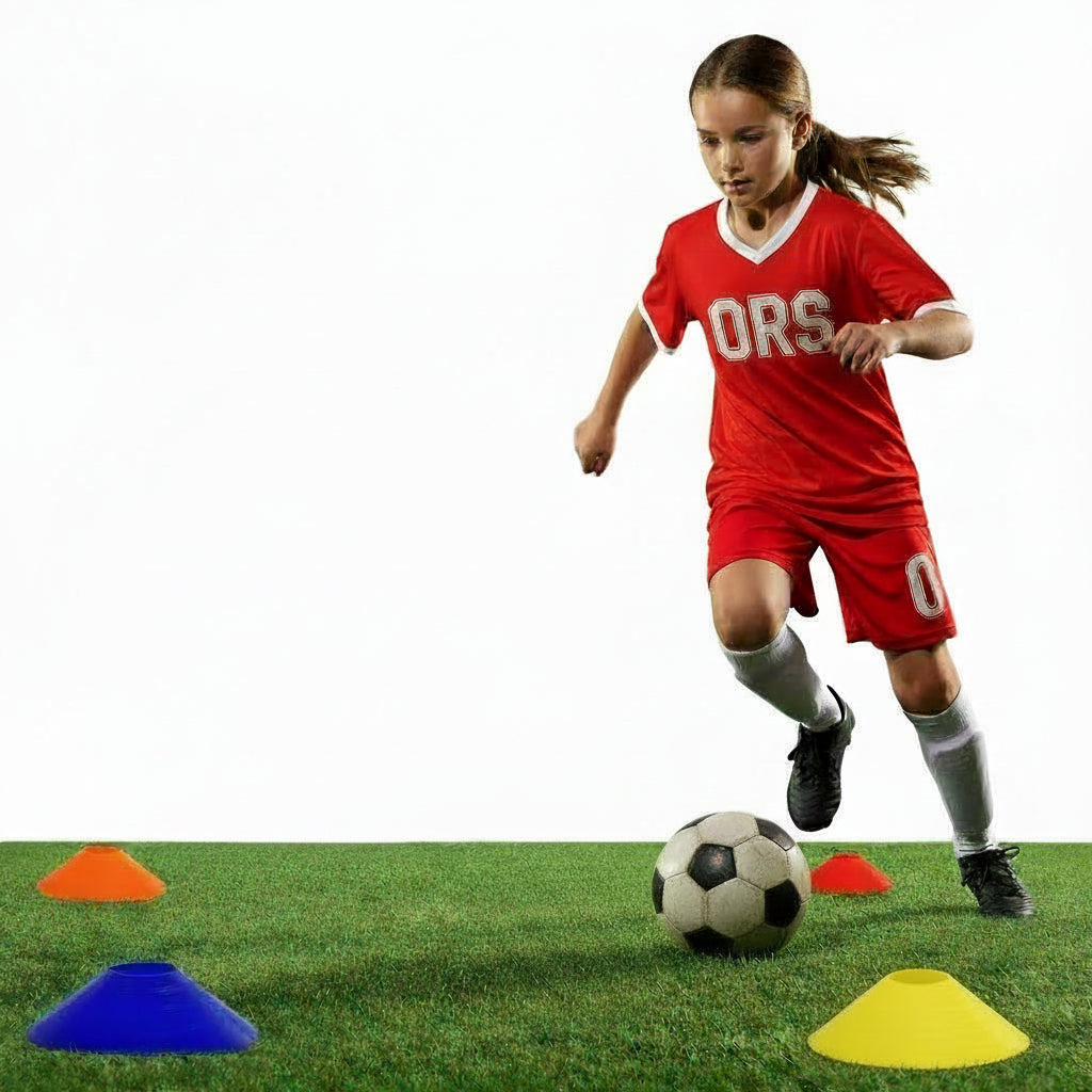Athllete 50-pack durable, flexible soccer cones, highly visible for quick drills and multi-sport training; includes mesh bag for easy transport.