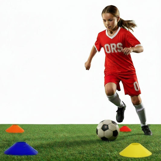 Athllete 50-pack durable, flexible soccer cones, highly visible for quick drills and multi-sport training; includes mesh bag for easy transport.