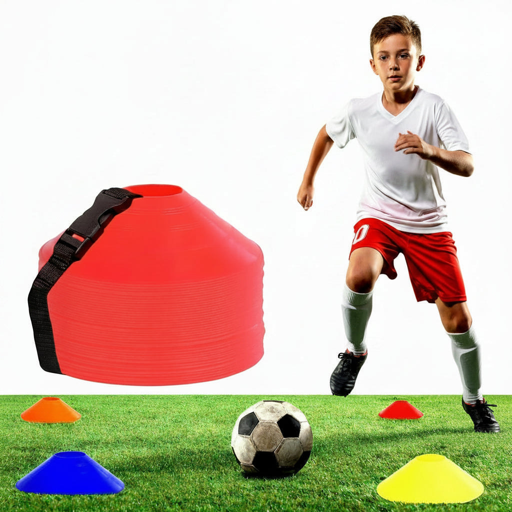 Athllete 50-pack durable, flexible soccer cones, highly visible for quick drills and multi-sport training; includes mesh bag for easy transport.