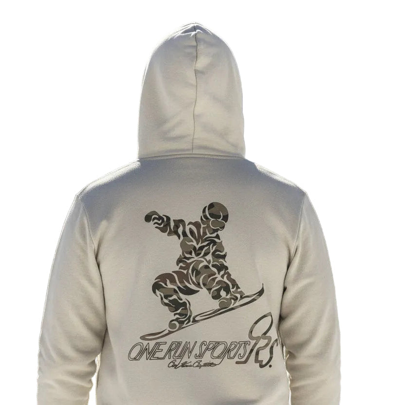 NATURAL - BACK  CAMO HOODIE Unisex Pullover Hood 7.4 oz., 30 singles 80% cotton, 20% polyester 100% cotton face brushed back fleece Sueded jersey-lined hood with Natural drawcord 