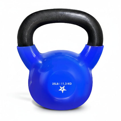 Blue kettlebell with measurements on a gray background 25 lb