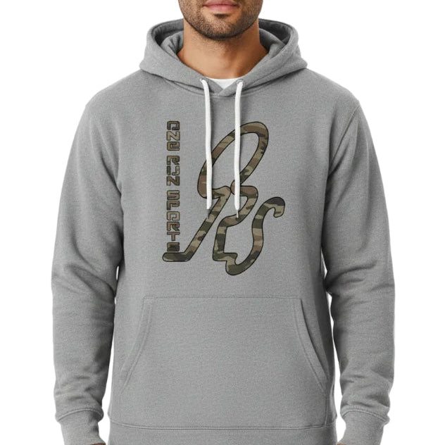 Lead Grey - FRONT CAMO HOODIE Unisex Pullover Hood 7.4 oz., 30 singles 80% cotton, 20% polyester 100% cotton face brushed back fleece Sueded jersey-lined hood with Natural drawcord 