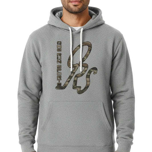 Lead Grey - FRONT CAMO HOODIE Unisex Pullover Hood 7.4 oz., 30 singles 80% cotton, 20% polyester 100% cotton face brushed back fleece Sueded jersey-lined hood with Natural drawcord 