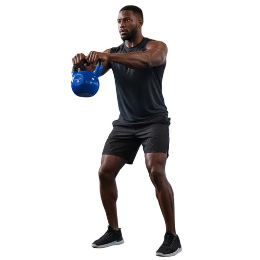 Blue kettlebell with black handle on a white background