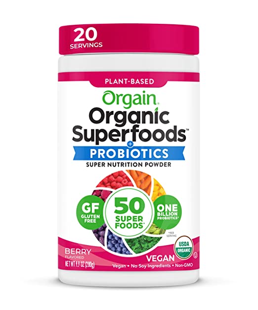 Orgain Organic Green Superfoods Powder, Berry - Antioxidants, 1 Billion Probiotics, Vegan, Dairy Free, Gluten Free, Kosher, Non-GMO,