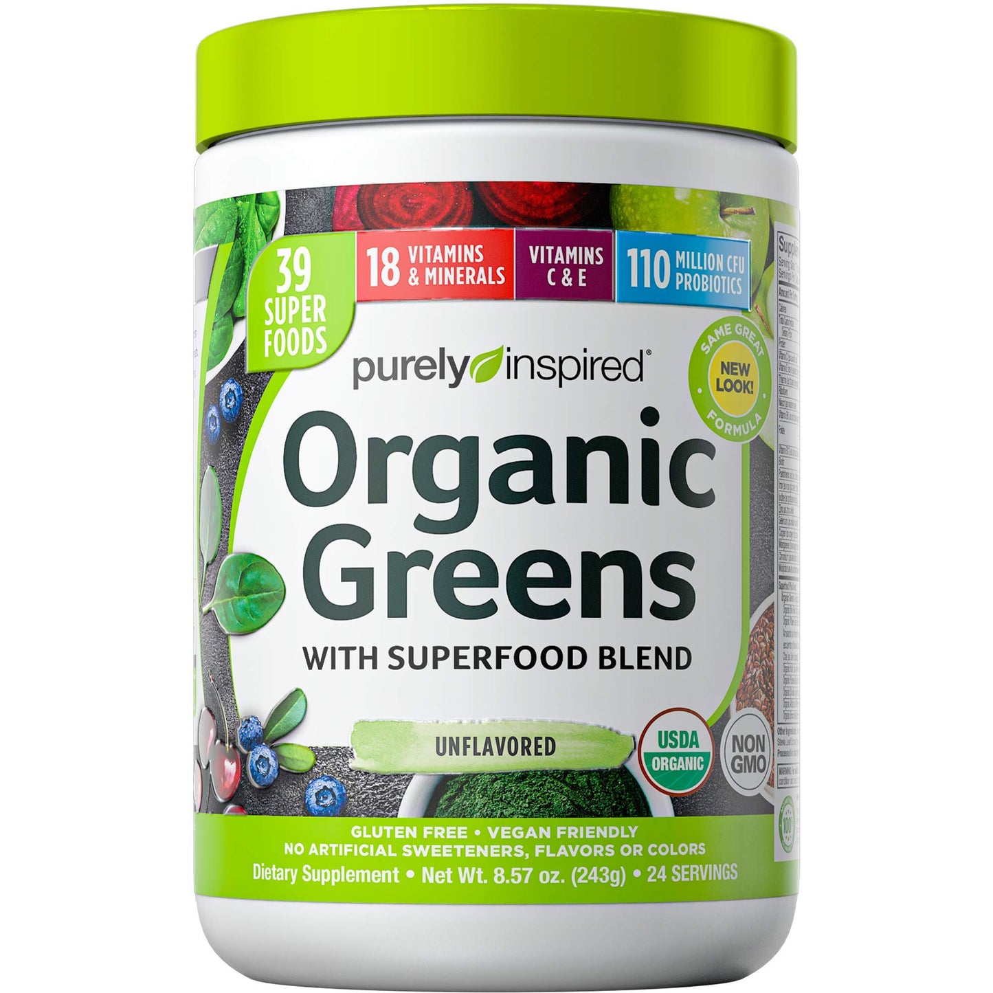 Greens Powder Smoothie Mix | Purely Inspired Organic Greens Powder Superfood, Unflavored, 24 Servings (Package May Vary), 8.57 Ounce (Pack of 1)