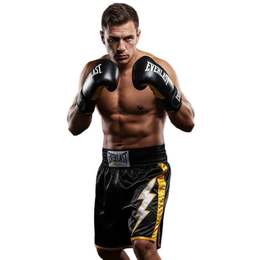 A pair of black Everlast Elite Pro Style Training Gloves with yellow accents, designed for boxing and martial arts training.
