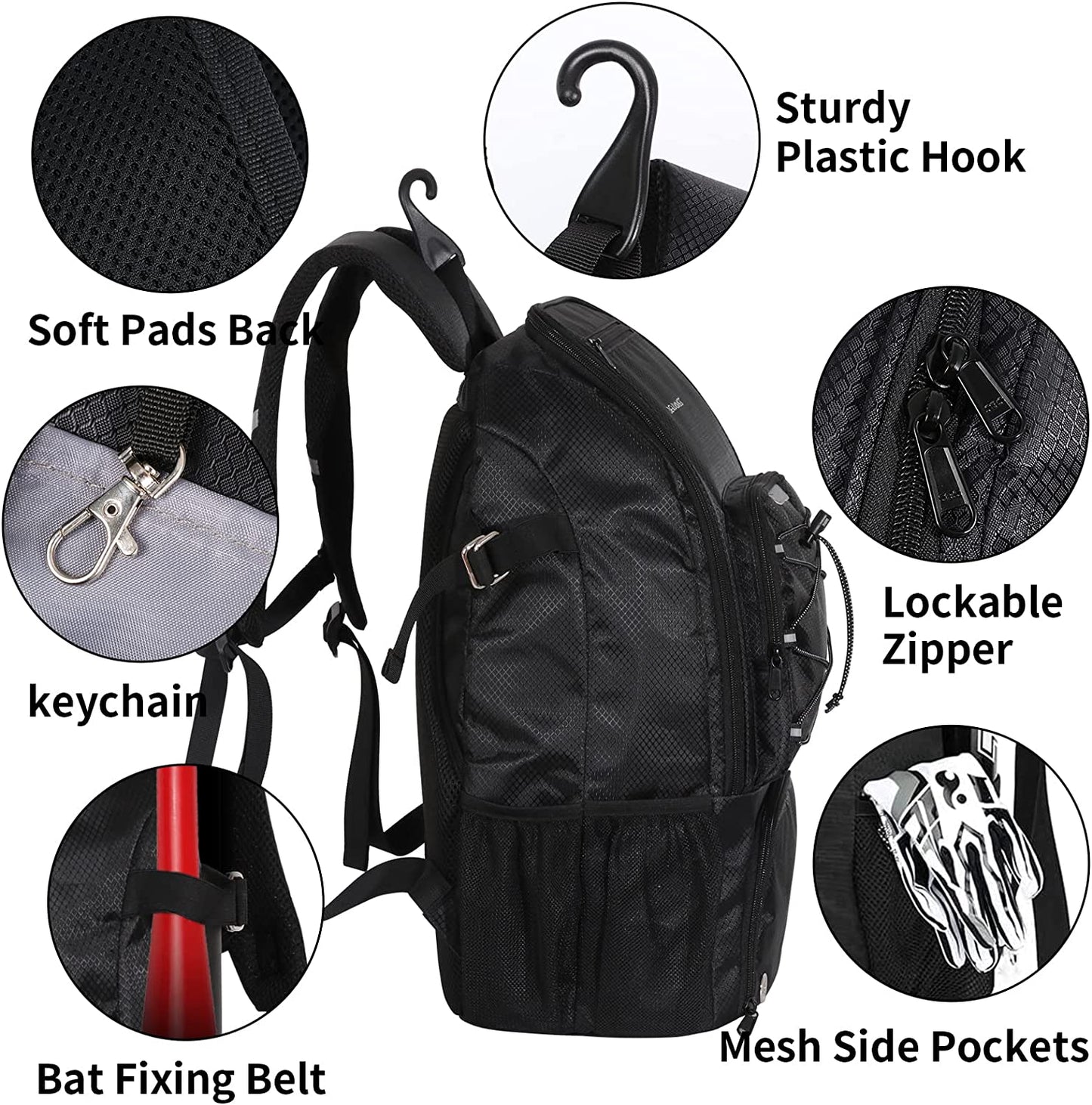 DENUONISS Baseball & Softball Bag, Backpack Bag for Youth, Boys and Adult with Fence Hook